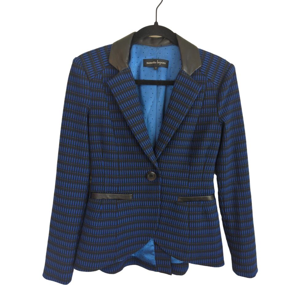 Nanette Lepore Navy Patterned Blazer Leather Trim Size 2